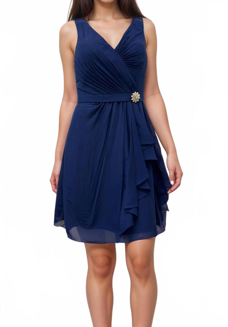 NEW LAST DRESS mirabella brooch drape mini dress in navy